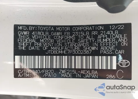 2023 Toyota Corolla Hybrid Le из США, поврежденный, VIN JTDBDMHE7P3002387